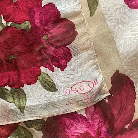 Vintage Oscar de la Renta Silk Cream White and Dark Purple Square Scarf - Picture 7 of 7